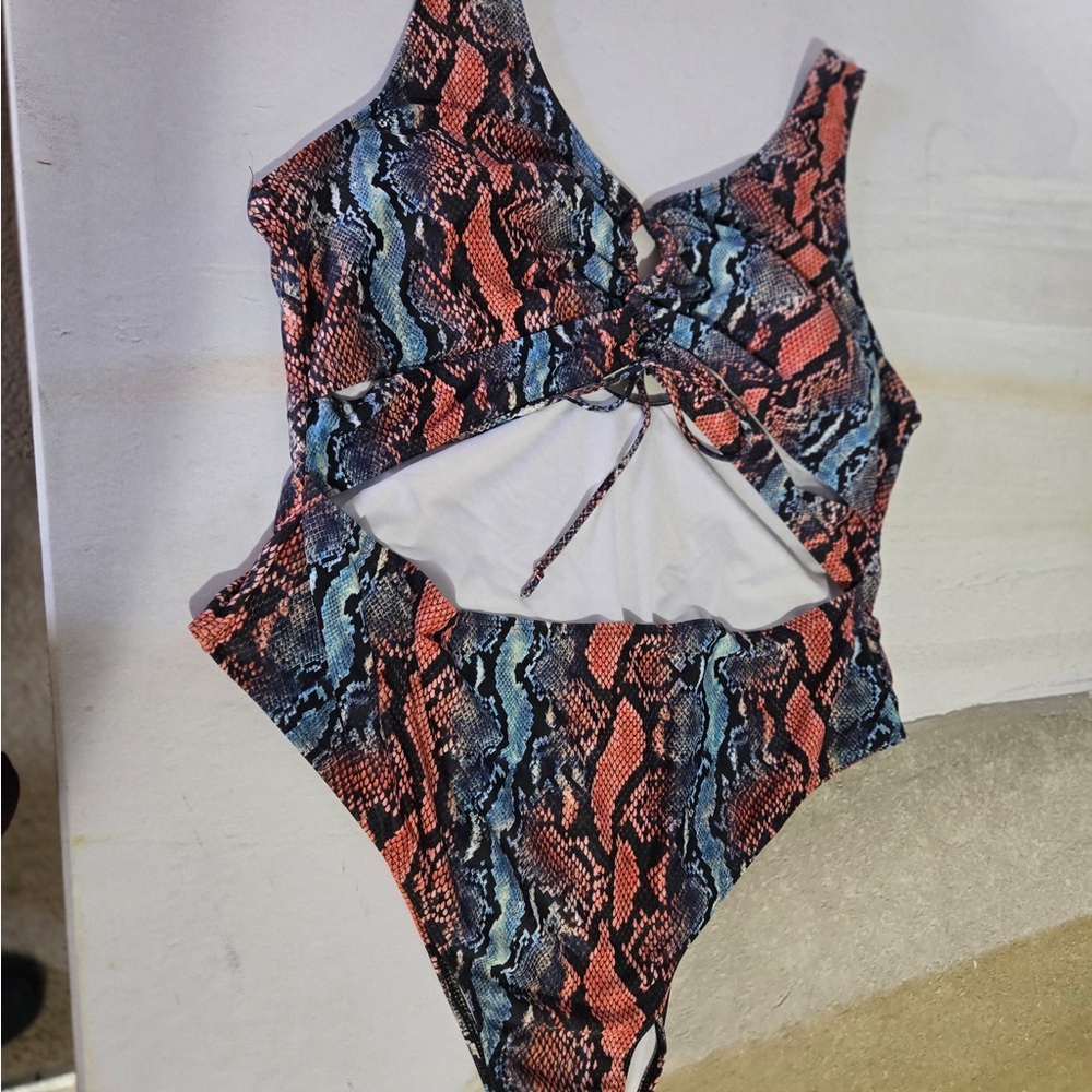 SHEIN Snake Print One-Piece Swimsuit in Coral and Blue
